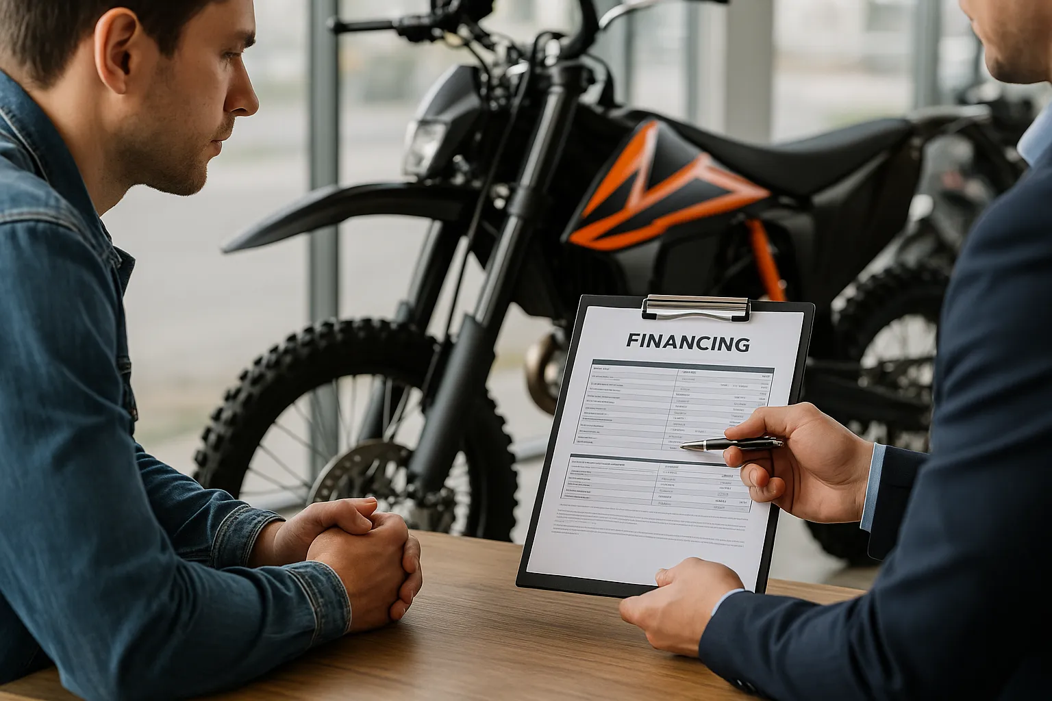 Customer discussing electric dirt bike financing plans with dealer while reviewing documents at showroom with bike in background