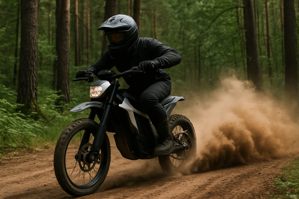 Electric dirt bike helmet laws in action — rider speeding through forest trail kicking up dust, fully geared with helmet.