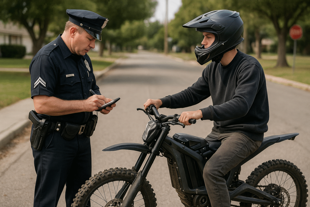 Electric dirt bike helmet laws enforcement by police officer during roadside inspection Electric dirt bike helmet laws being enforced during a police stop on a suburban road, showing a rider in full gear and a police officer writing a citation.