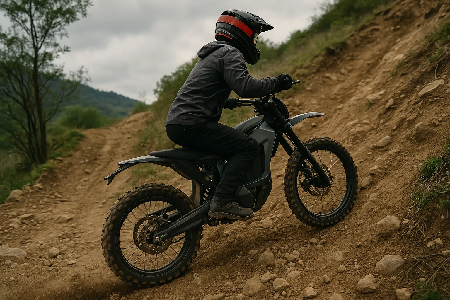 Rider testing electric dirt bike hill climb ability on a steep rugged off-road trail