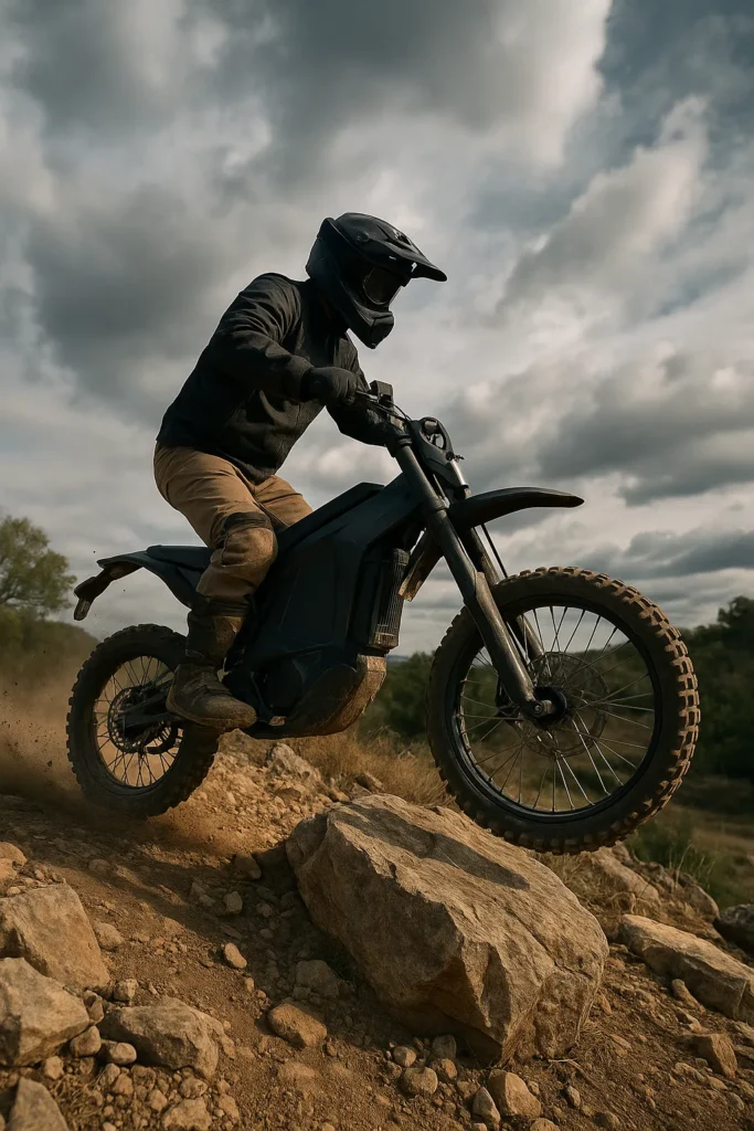 Rider demonstrating electric dirt bike hill climb ability on rocky off-road terrain with power and control