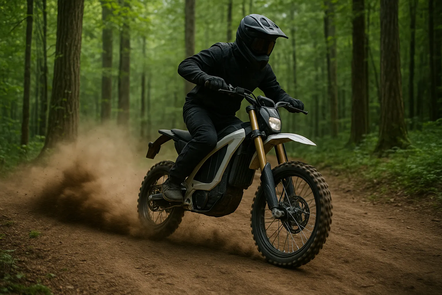 Electric dirt bike racing through a forest trail kicking up dust