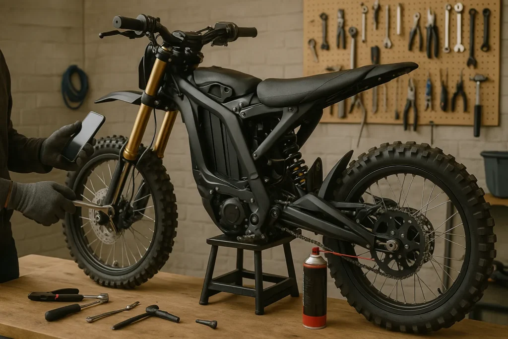 Detailed image of an electric dirt bike in an outdoor setting, representing an electric dirt bike spring tune-up guide with focus on seasonal maintenance and performance optimization.
