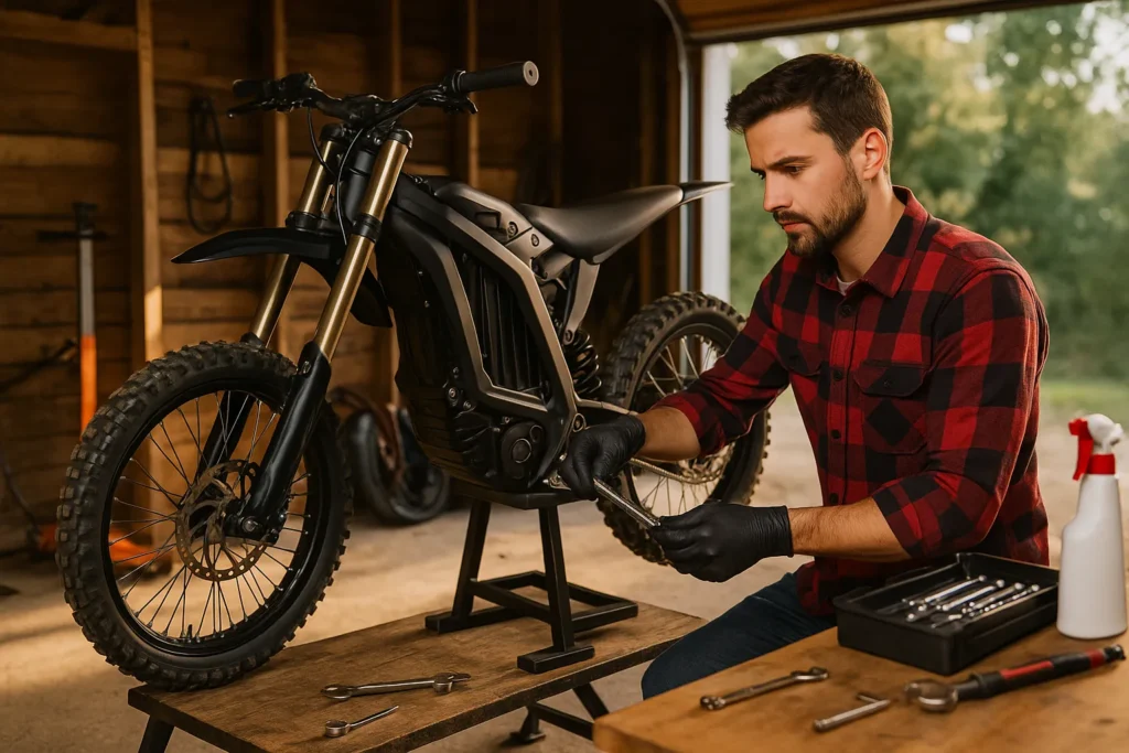 Electric dirt bike spring tune-up guide for seasonal maintenance Detailed electric dirt bike spring tune-up guide illustration with a rider preparing the bike for the new season, showing tools, batteries, and performance checks.