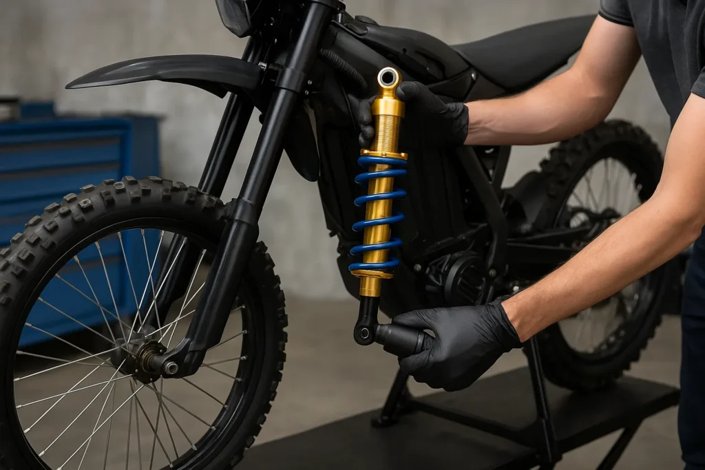 Electric dirt bike suspension upgrade with mechanic installing gold shock absorber and blue coil spring for improved handling and comfort