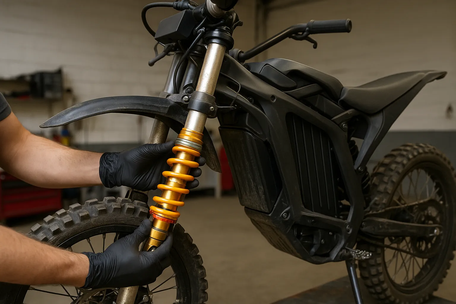 Mechanic upgrading electric dirt bike suspension with premium gold shock for better handling and comfort Electric dirt bike suspension upgrade with mechanic installing high-performance front shock absorber for better off-road control