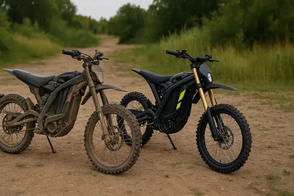electric dirt bike used vs new on forest trail side by side