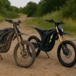 electric dirt bike used vs new on forest trail side by side