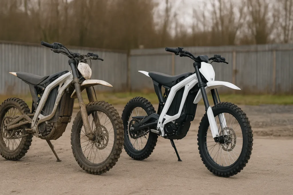electric dirt bike used vs new side by side on dirt lot
