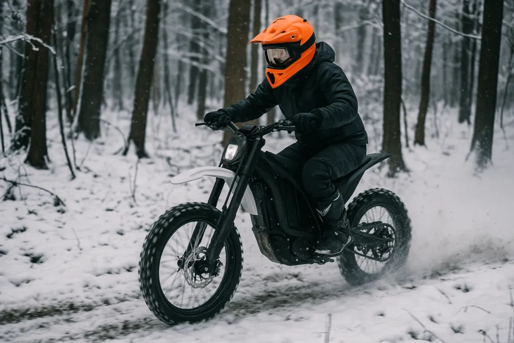 electric dirt bike winter forest ride with rider accelerating through snowy trail