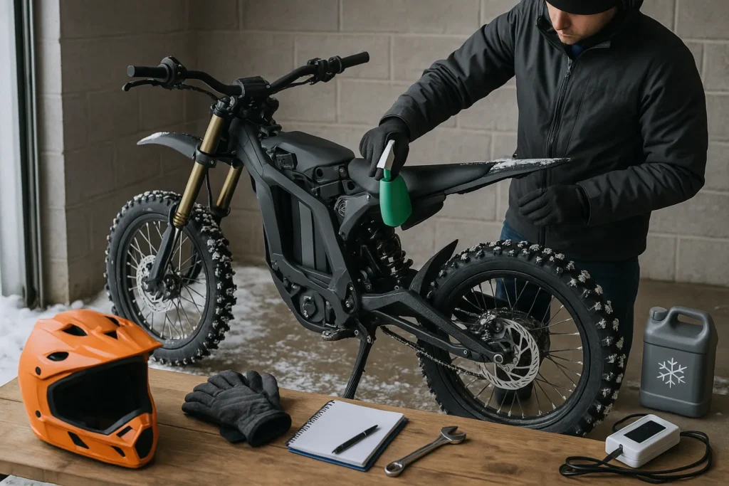 electric dirt bike winter prep guide showing a rider performing winter maintenance and battery care before snow riding