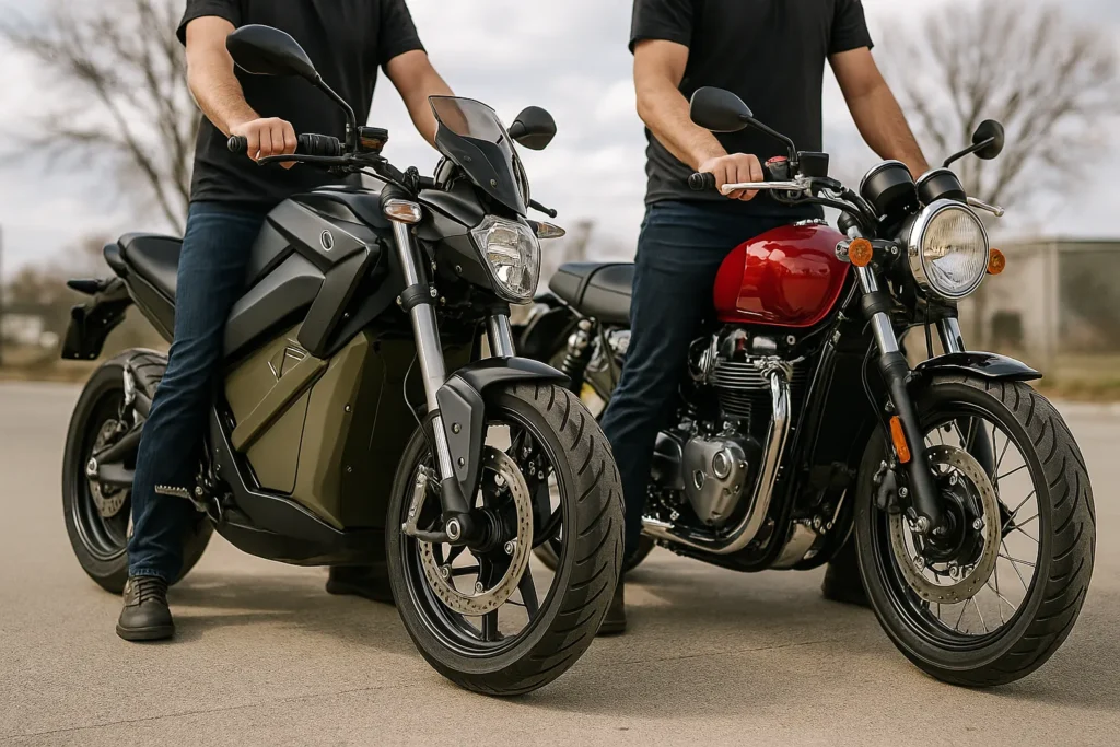 Electric moto weight vs gas moto side by side comparison showing differences in design, handling, and performance