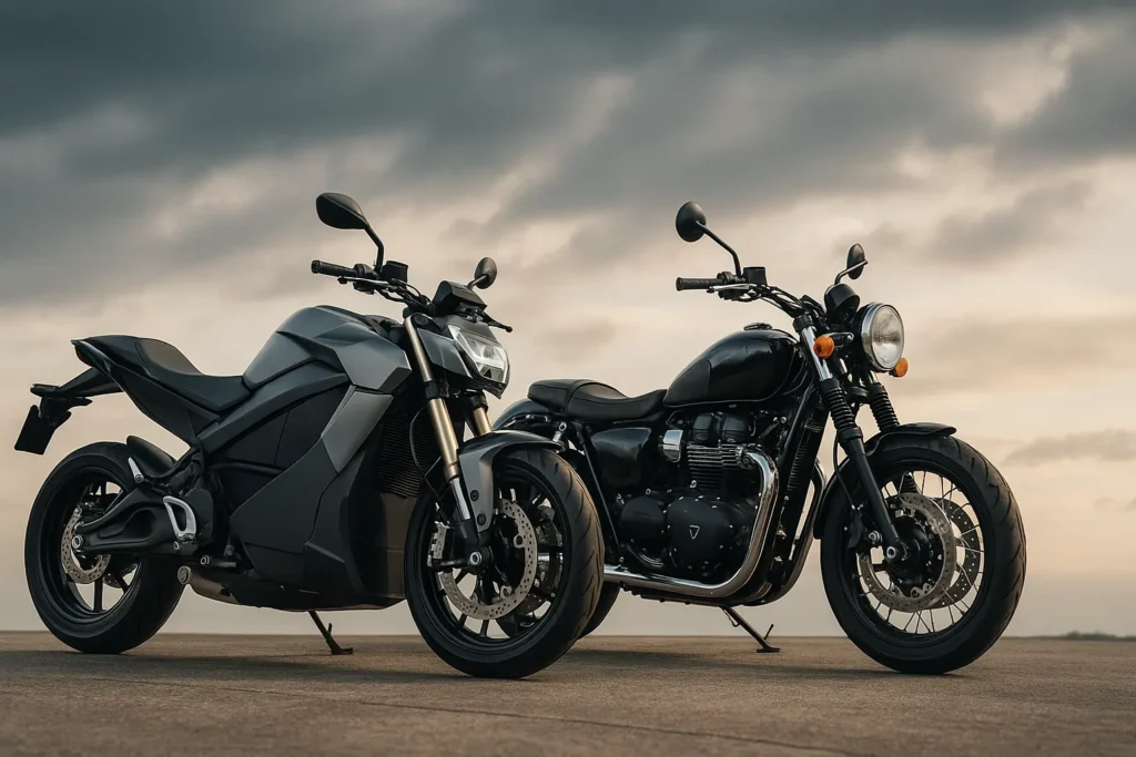 Electric moto weight vs gas moto side by side comparison on open road with focus on design, weight, and performance