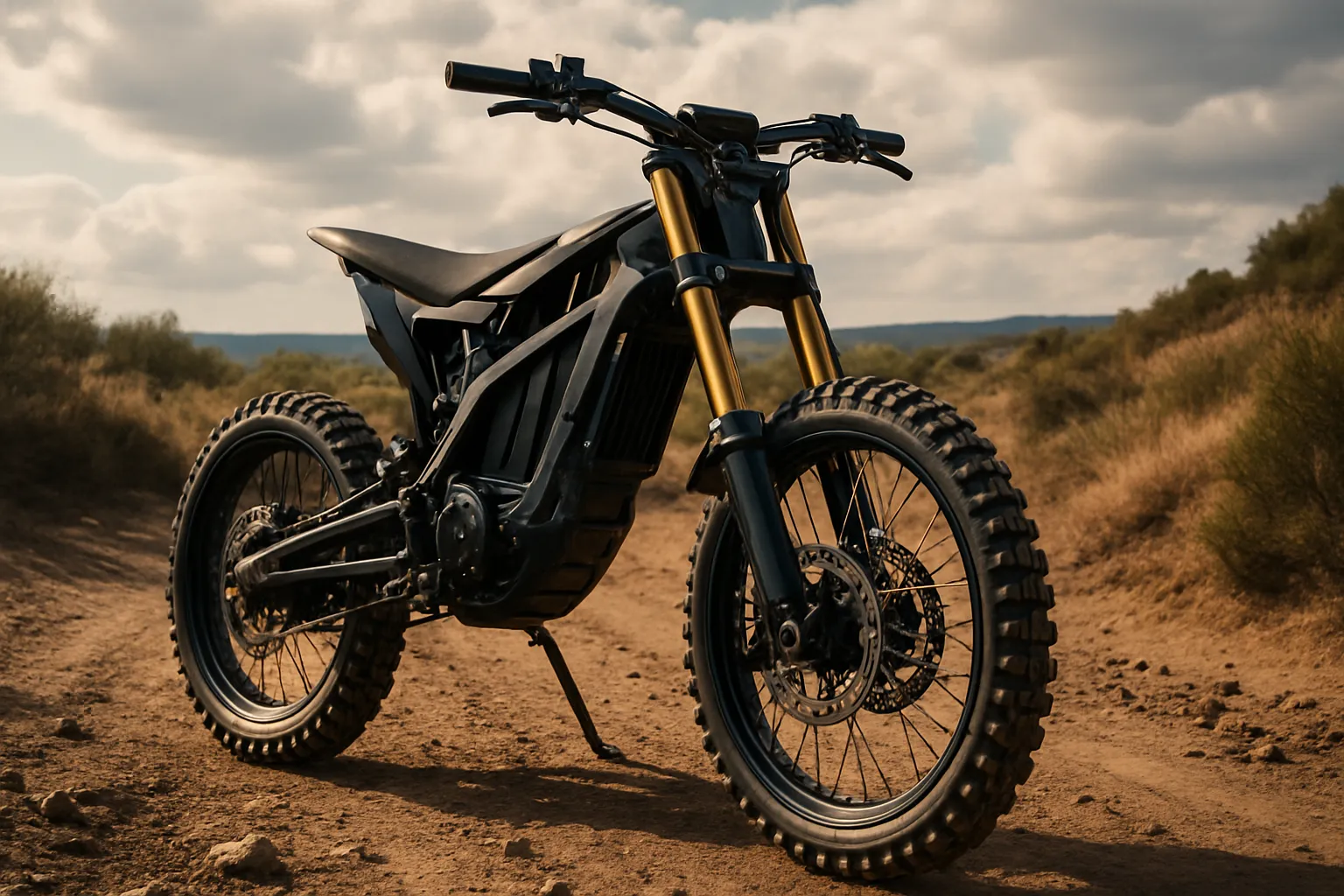 fastest 3000w electric dirt bike on dirt trail with golden suspension and rugged design perfect for magazine cover style