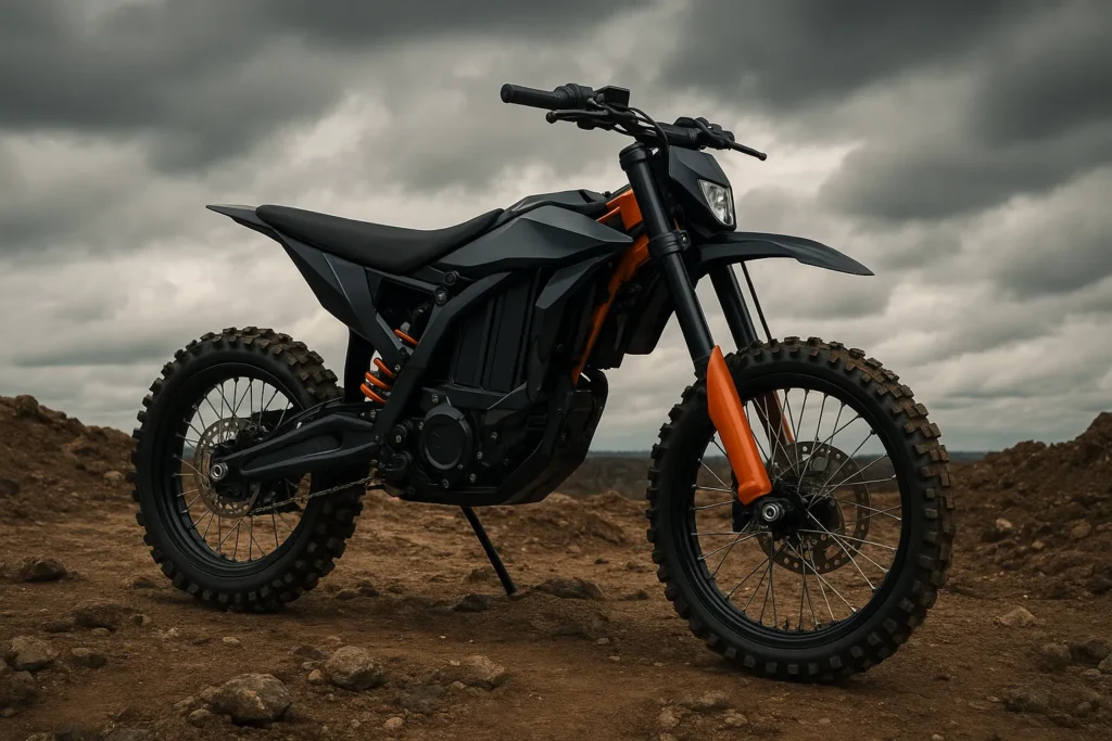 High-performance electric dirt bike for sale standing on rugged dirt terrain with powerful suspension and aggressive tires, captured in a magazine-style photo