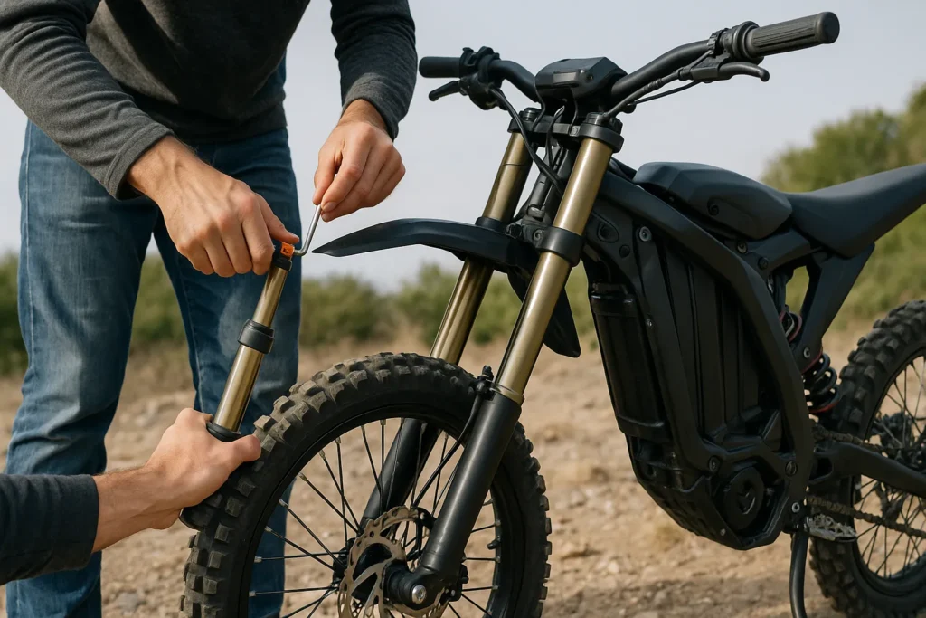 how to adjust suspension on e-dirt bike being fine-tuned outdoors for better performance