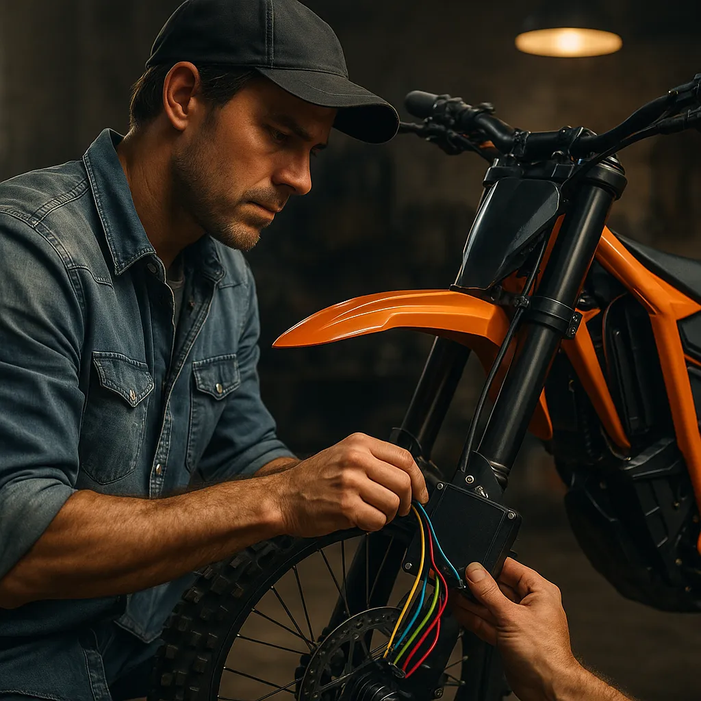 High-quality magazine style photo showing how to install regen braking on electric dirt bike with a detailed focus on wiring, tools, and controller adjustments