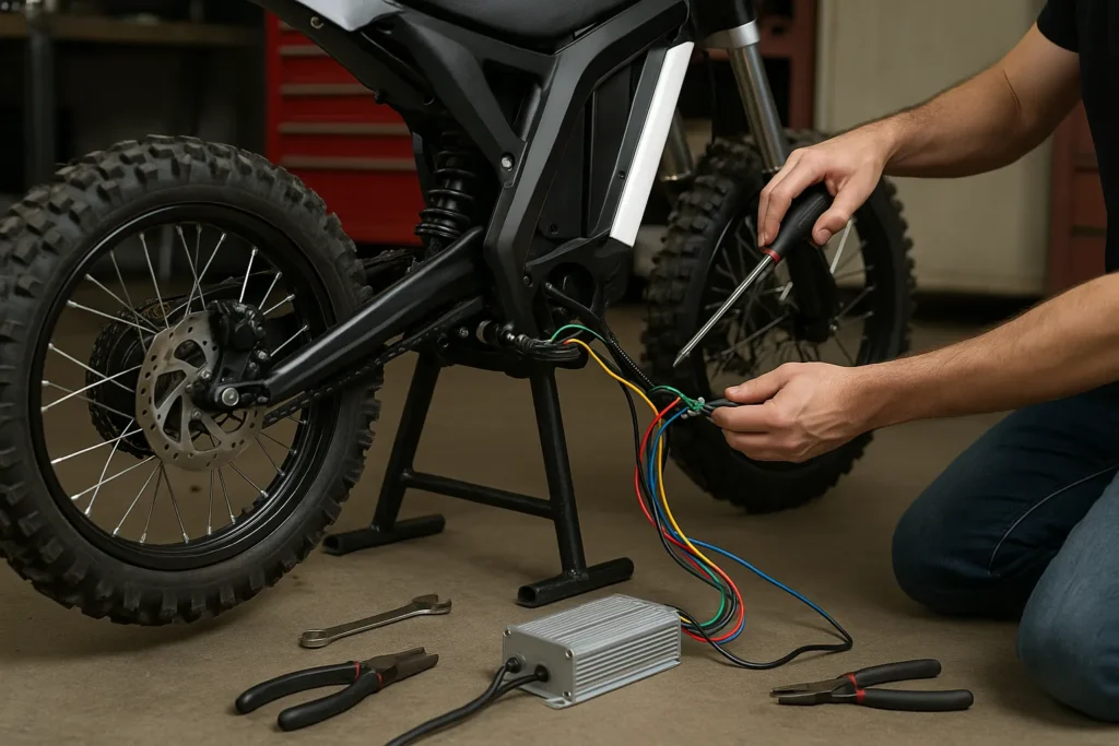 Mechanic showing how to install regen braking on electric dirt bike by connecting colorful wires to the controller during the setup process