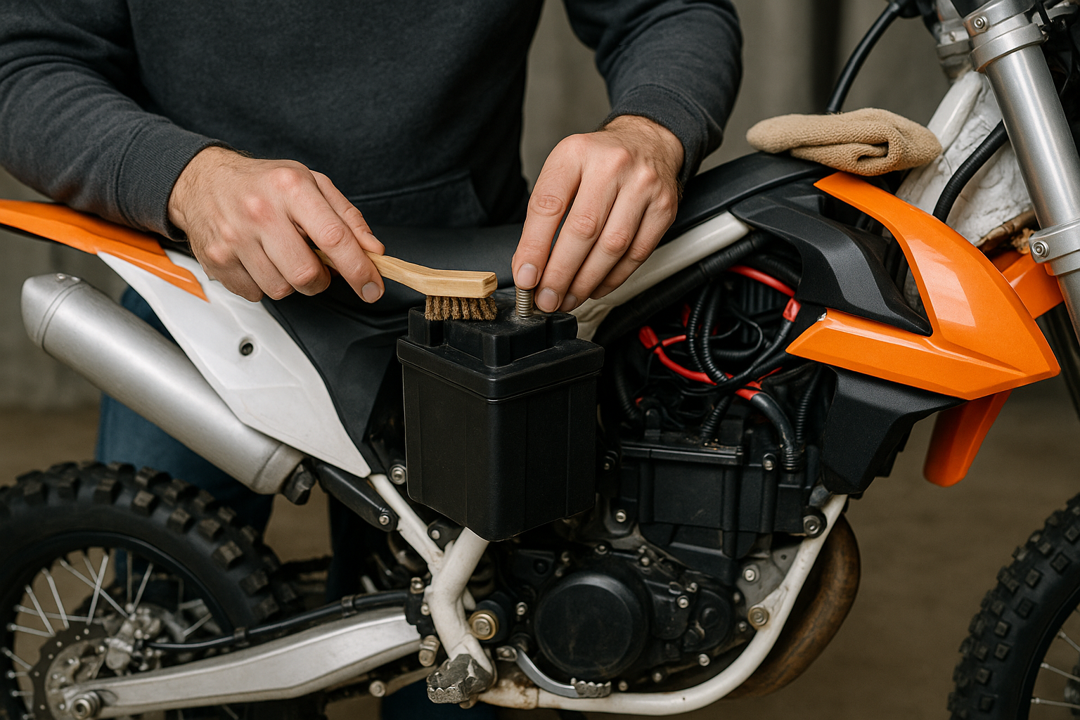 How to maintain electric dirt bike battery by cleaning the terminals with a brush for optimal performance.