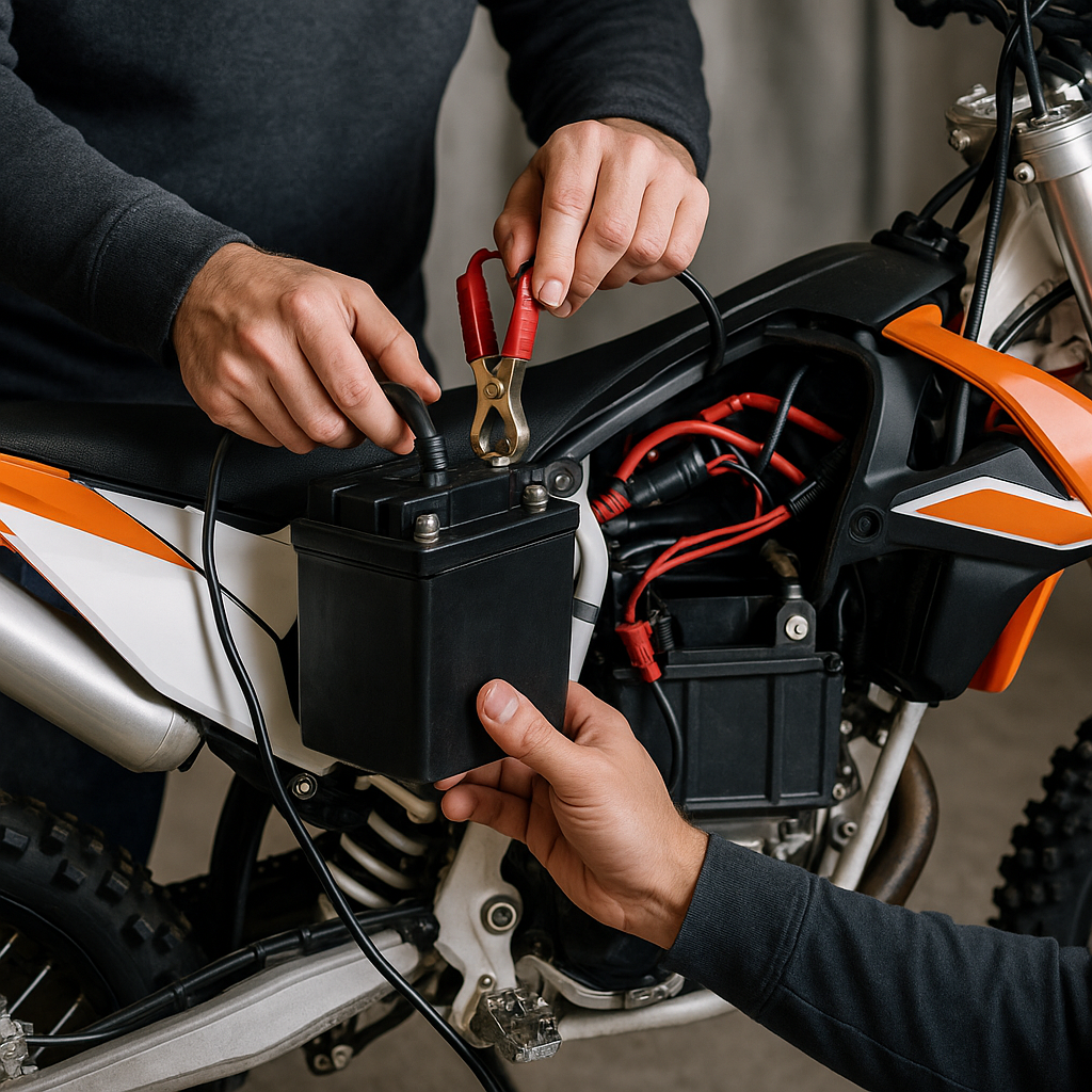 How to maintain electric dirt bike battery – step-by-step battery check How to maintain electric dirt bike battery by charging and inspecting connections inside a garage.