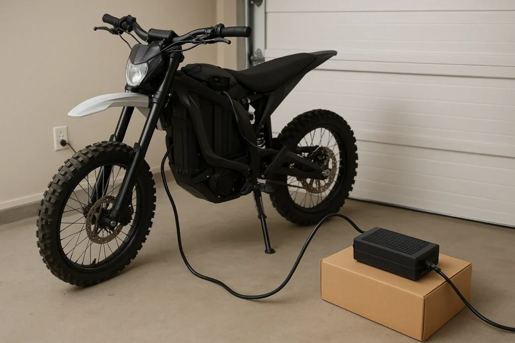 Realistic magazine-style photo showing how to store electric dirt bike battery long term with a rider carefully placing the battery into a storage container in a garage