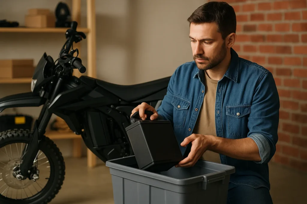 Detailed photo showing how to store electric dirt bike battery long term with safe placement, protective casing, and proper maintenance setup