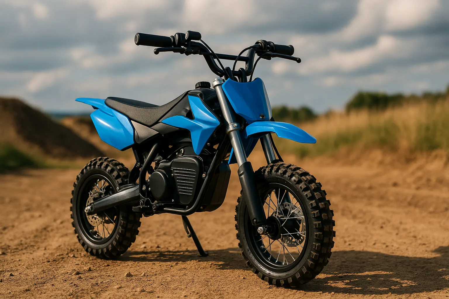 mini electric dirt bike for kids in blue color parked on a dirt trail with rugged off-road tires