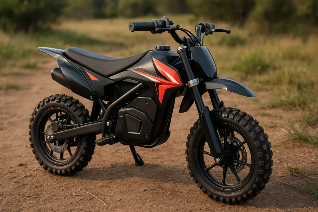 Mini Electric Dirt Bike for Kids – Safe, Eco-Friendly, and Fun to Ride mini electric dirt bike for kids parked on a dirt trail with safe and lightweight design