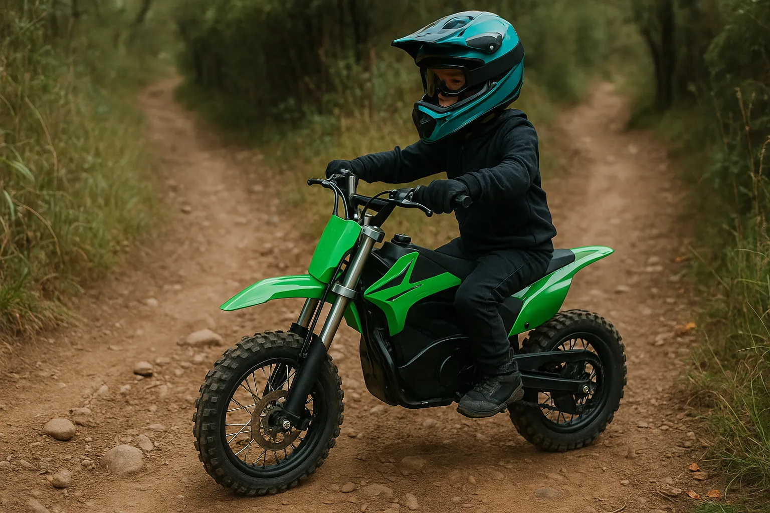 Realistic photo of a mini electric dirt bike for trail riding on a rugged forest path, highlighting its compact size, electric motor, and off-road capability