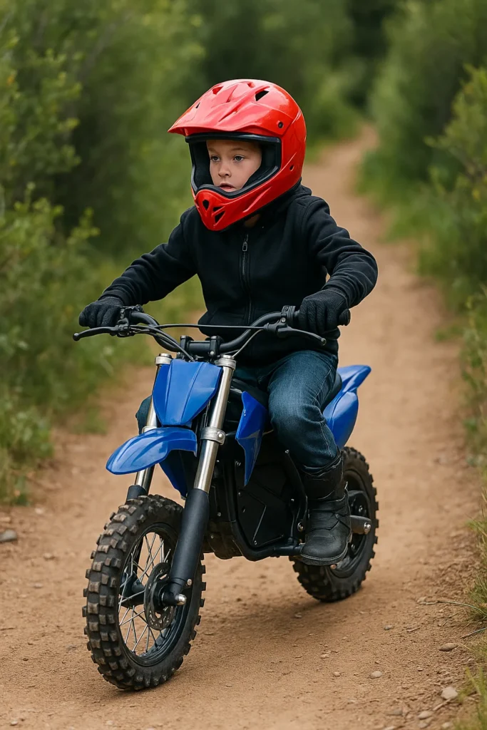 Realistic photo of a mini electric dirt bike for trail riding on rugged forest terrain with detailed suspension and compact design