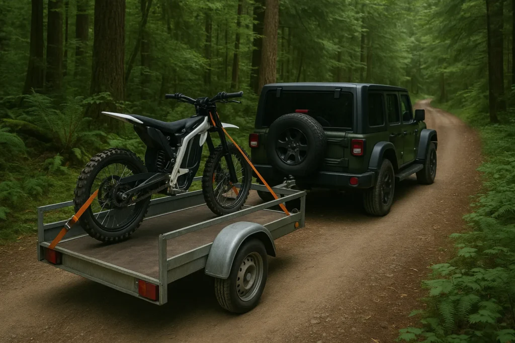 transport electric dirt bike on trailer in forest being towed by a jeep on a dirt road