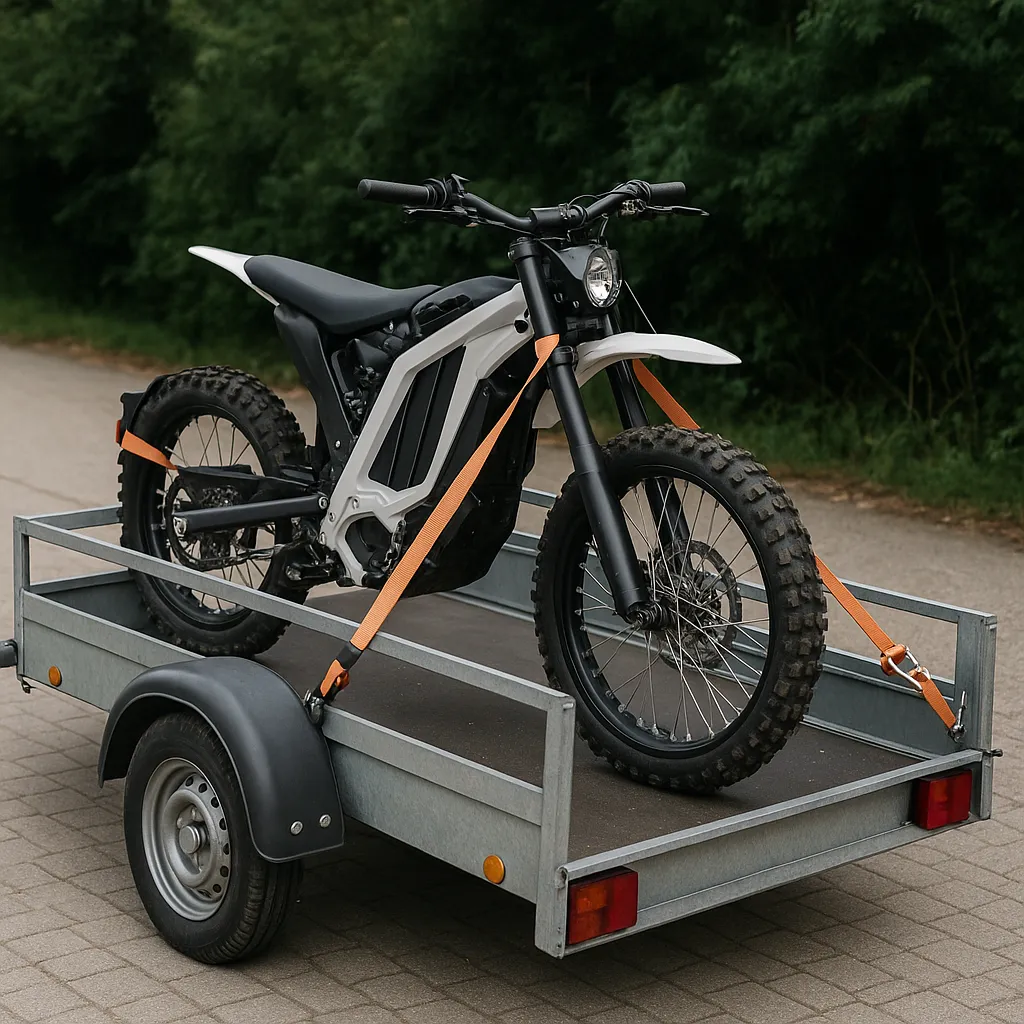 transport electric dirt bike on trailer with secure straps and galvanized utility trailer for safe travel