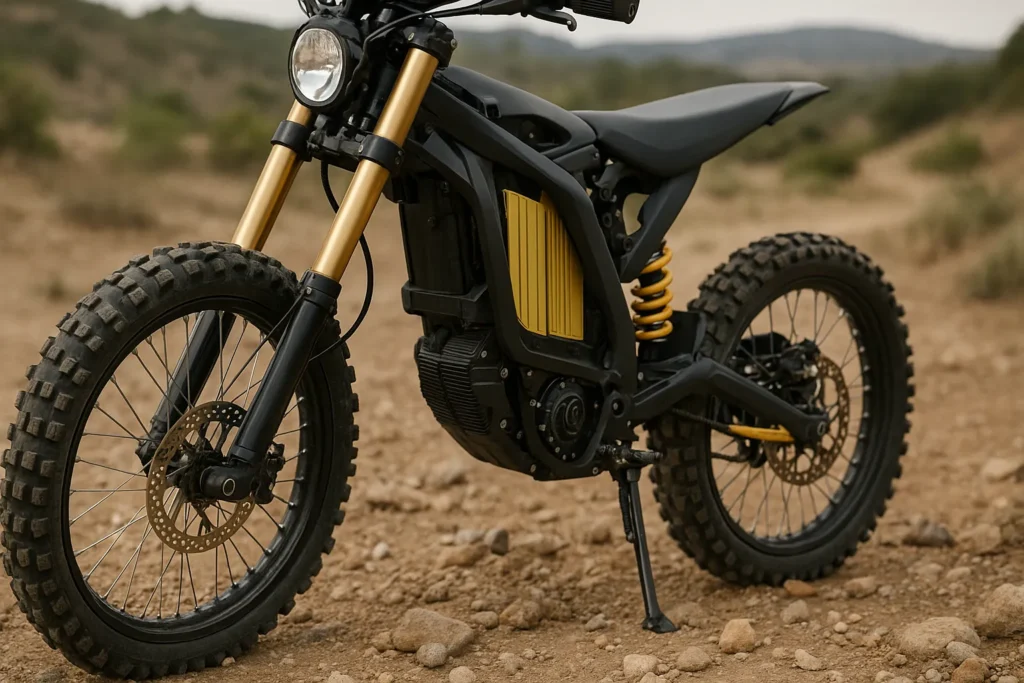best suspension setup for e-dirt bike with golden forks and rear shock on rugged off-road terrain