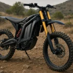 best suspension setup for e-dirt bike featuring golden front forks and red rear shock on rocky off-road trail