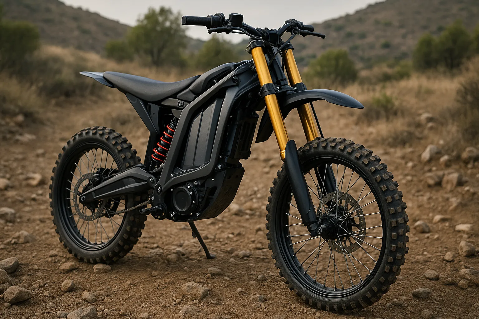 best suspension setup for e-dirt bike featuring golden front forks and red rear shock on rocky off-road trail