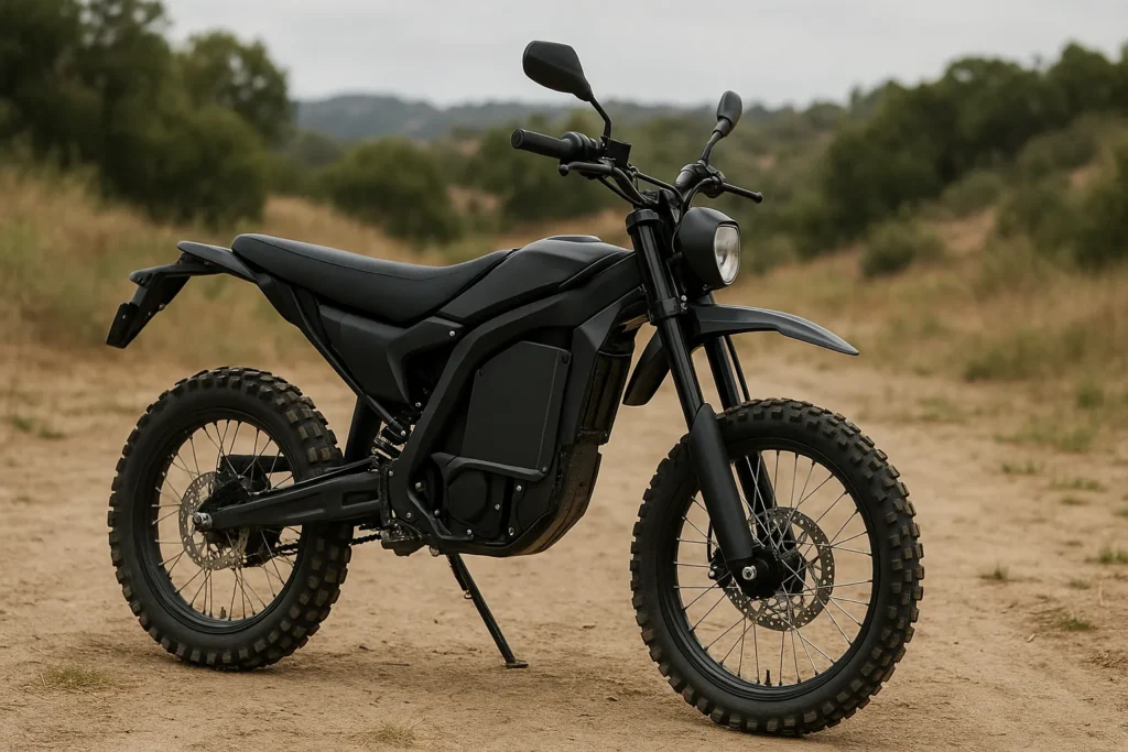 cheap electric dirt bike for beginners parked on an off-road trail with rugged tires and lightweight frame