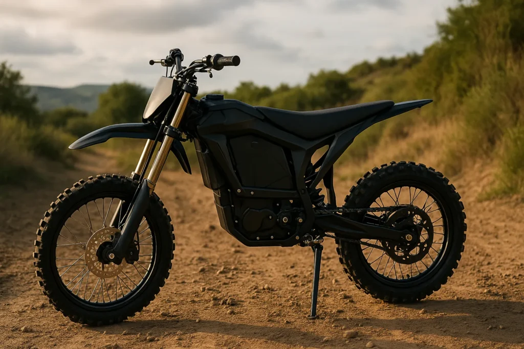 cheap electric dirt bike for beginners standing on a sunset dirt trail with rugged tires and sleek frame design