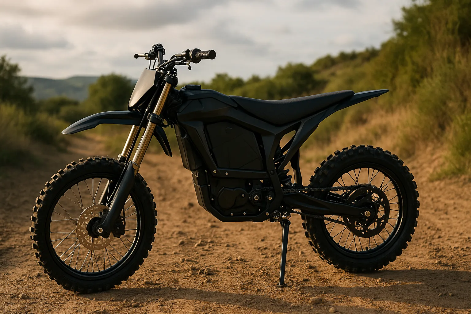 cheap electric dirt bike for beginners standing on a sunset dirt trail with rugged tires and sleek frame design