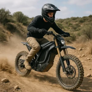 electric dirt bike real-world range test on dusty trail with rider testing battery endurance