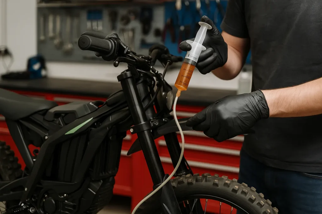 how to bleed brakes on electric dirt bike with mechanic using syringe and hydraulic fluid in a workshop