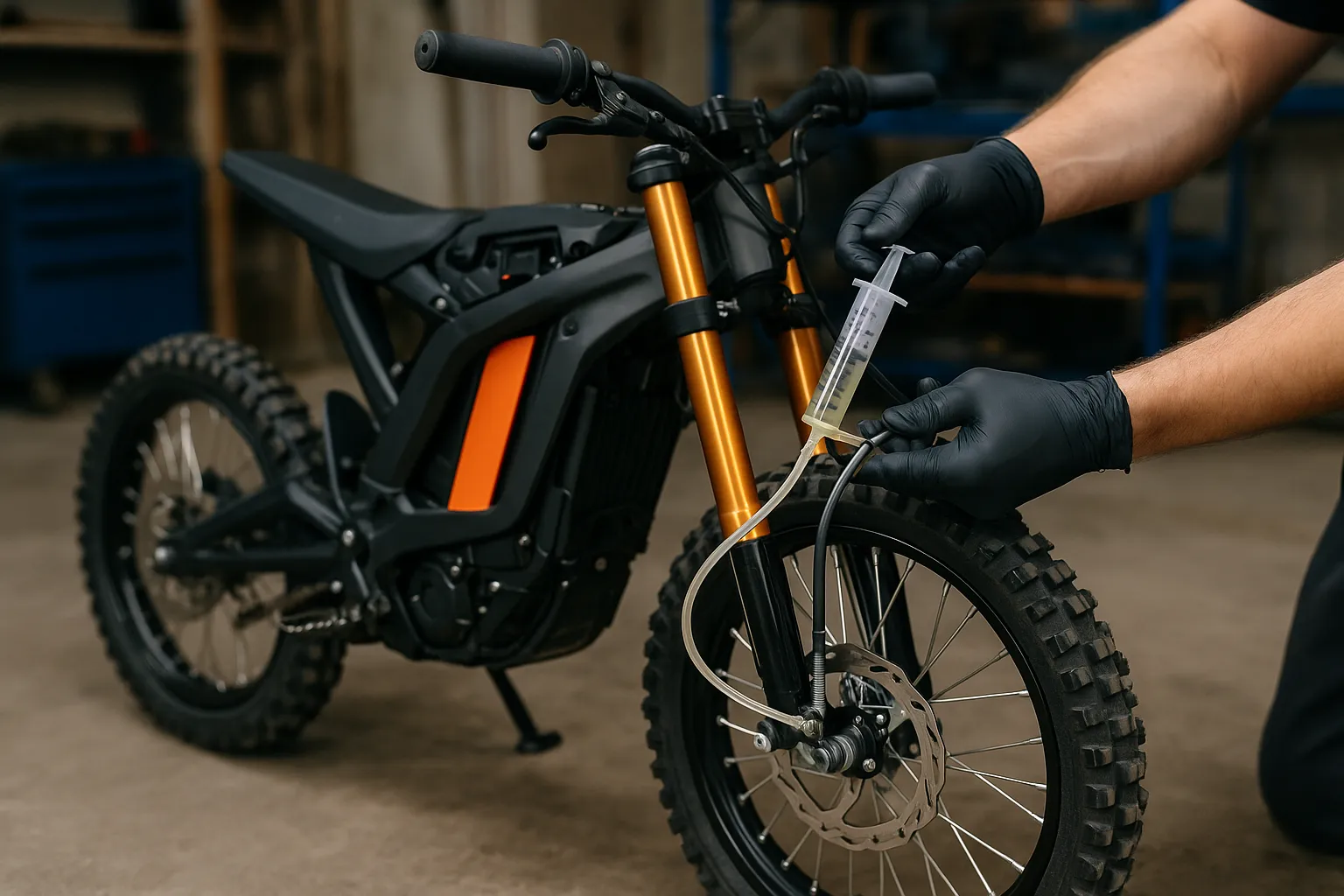 how to bleed brakes on electric dirt bike being serviced in a workshop with hydraulic brake fluid bleed process